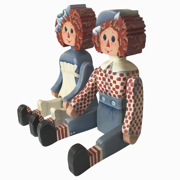 VTG Hand Painted Wood Raggedy Ann Andy Style Jointed Doll Folk Art Shelf Sitters - Picture 2 of 10